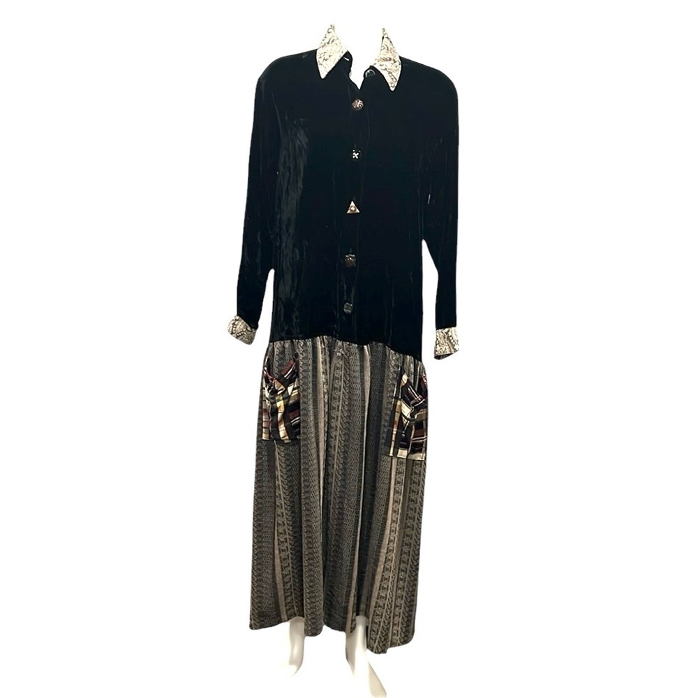 Alexa Ray vintage 90s artsy black velvet mix media drop waist shirt style dress